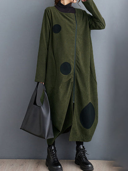 Long Sleeves Loose Asymmetric Pleated Polka-Dot Split-Joint Zipper High-neck Midi Dresses Outerwear