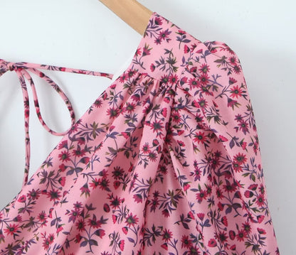 Early Spring Romantic Printed Sexy Backless V Neck Long Sleeve Princess Dress Short Dress – Floral Print Backless V Neck Mini Dress
