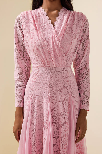 Lace Splicing Long Sleeve Midi Dress