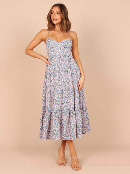 Floral Print Lace Up Backless Bohemian Straps Neck Midi Dress