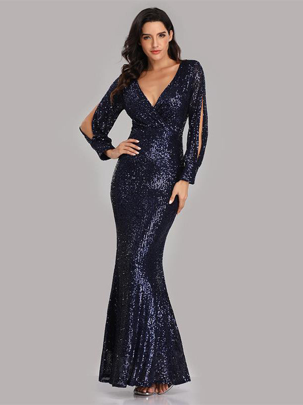 Sequin Party Dresses V-Neck Long Sleeve Birthday Semi Formal Maxi Dress
