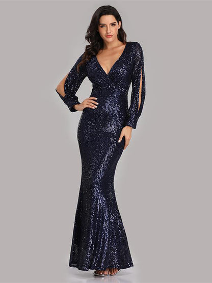 Sequin Party Dresses V-Neck Long Sleeve Birthday Semi Formal Maxi Dress