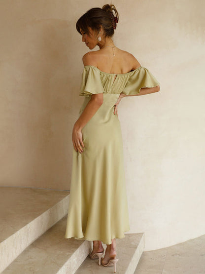 Summer Midi Dress Light Green Bateau Neck Satin Fabric Beach Dress