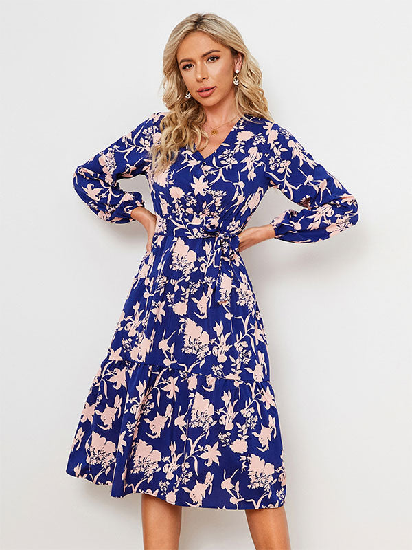 Floral Print Casual V-Neck Long Sleeves Midi Dress