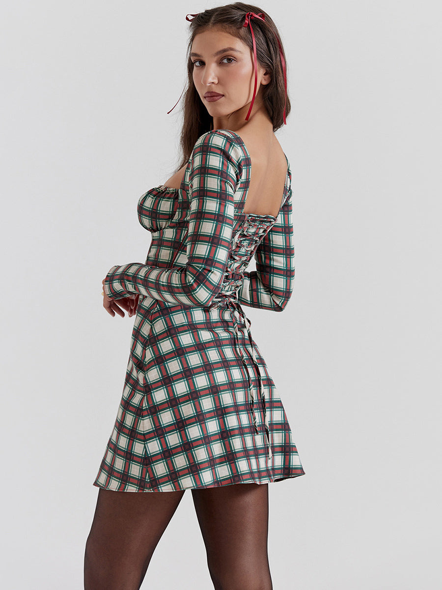 Sweet Sheath Dress Mini Floral Square Neck Long Sleeves Lace-up Mini Dresses