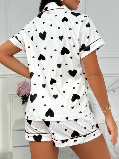 Heart-print Cardigan With Collar And Button-down Short Sleeves And Shorts, Two-piece Loungewear Set