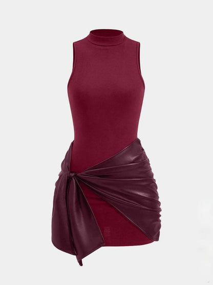 Sleeveless Mini Dress With Front Tie And PU Trim Two-piece Set