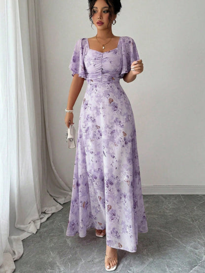 Floral Lotus Leaf Sleeves Sweetheart Collar Vacation And Leisure Maxi Dresses