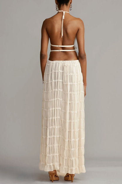Margovil Frilled Halter Open Back Crop Top and Pleated Maxi Skirt Set