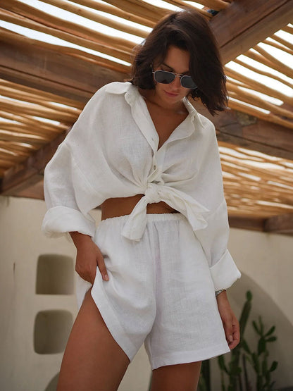 Pure Cotton Loose-fit Long-sleeved Shirt Loose Shorts Set 2-piece Sets
