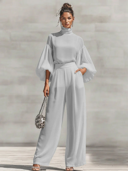 Chiffon Stand-up Collar Puff Sleeve High-waisted Draped Wide-leg Pants Two-piece Set
