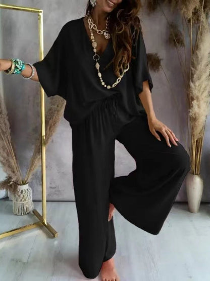 V-neck Batwing Sleeve Casual Loose Wide-leg Pants Two-piece Set