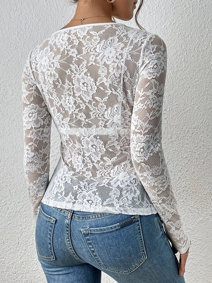 Lace-trimmed Long-sleeved Sheer Top
