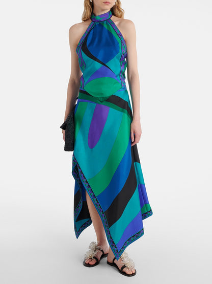 Satin Halter Neck Backless Top And Skirt Two-piece Set