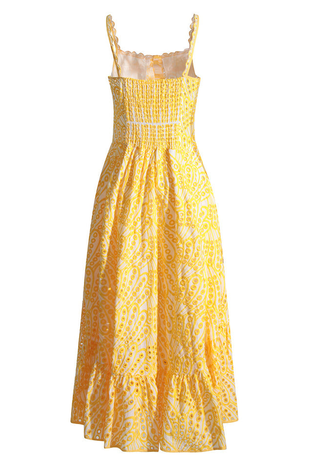 Eyelet Embroidery Spaghetti Strap Smocked Tiered Ruffle Hem Maxi Dress