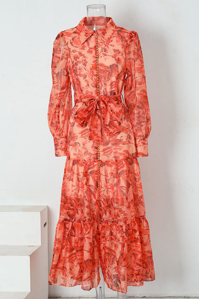 Sheer Floral Print Collared Button-Front Tie Belt Tiered Maxi Shirt Dress