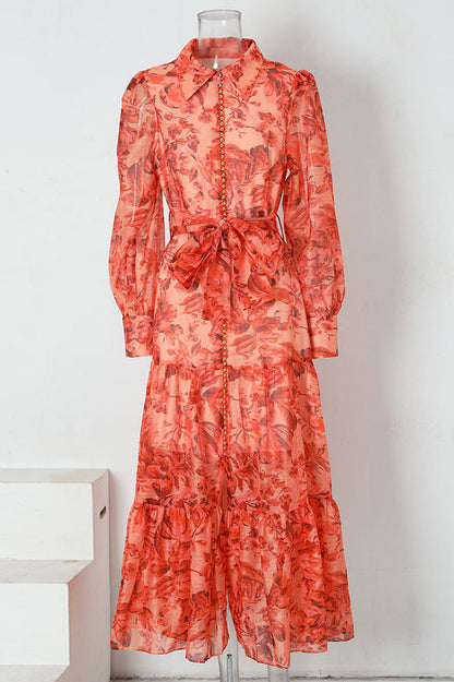 Sheer Floral Print Collared Button-Front Tie Belt Tiered Maxi Shirt Dress