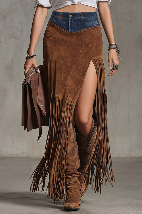 Margovil High Rise Denim Splice Faux Suede Slit Fringe Maxi Skirt