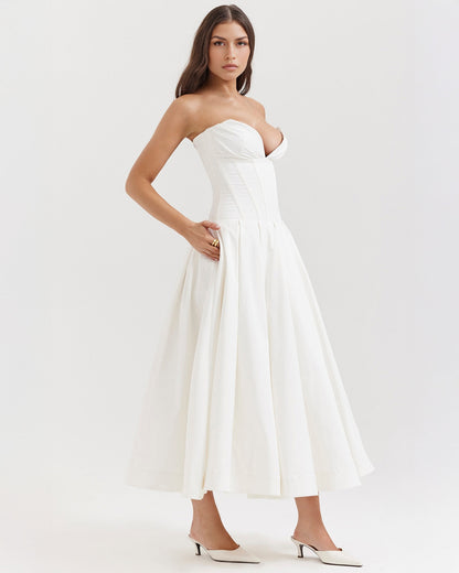 Strapless Corset Sweetheart Neckline Box Pleat A-Line Midi Dress