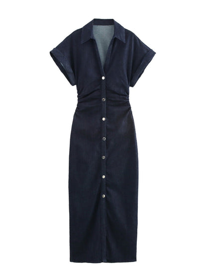 V-neck Short Sleeve Waist Hip-hugging Button Slit Commuting Temperament Maxi Dresses