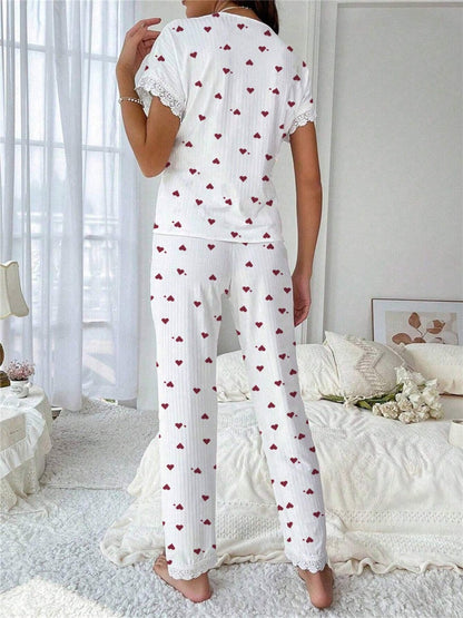 Cherry Print Water-soluble Embroidered Trim Short-sleeved Trousers Set That Can Be Worn As Loungewear