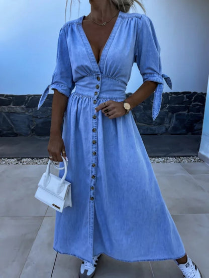 V-neck Short-sleeved Loose-fitting Denim Button-down Long Dress