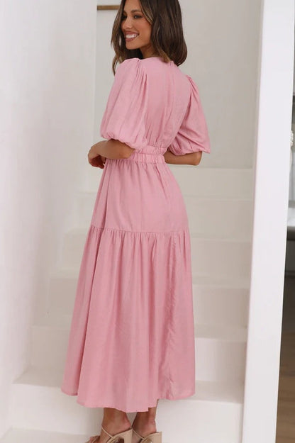 V Neck Puff Sleeve Smocked Empire Waist Tiered Midi Dress