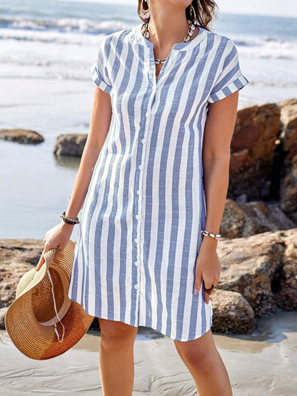 Buttons Stripes Mini&Short Dresses