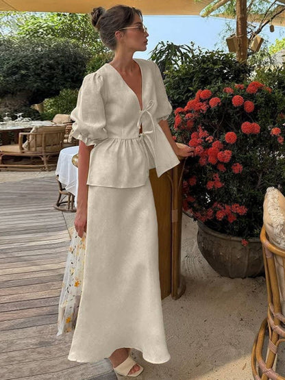 Two-piece Set: Puff-sleeved V-neck Tie-front Top And High-waisted Skirt