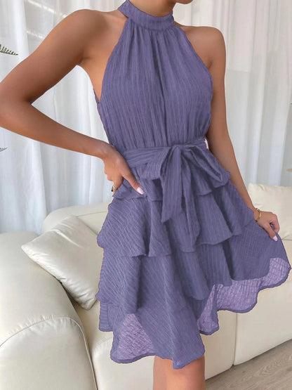 Halter Sleeveless Ruffle Black Mini&Short Dresses