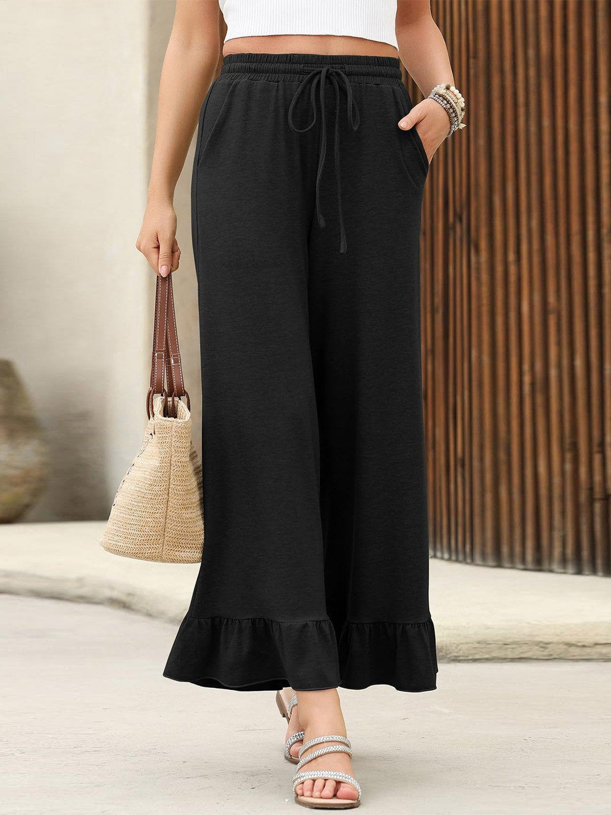 Women's Cropped Trousers With Ruffles, Thin, Loose-fitting, Casual Style