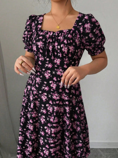Floral Short Sleeve Square Collar Ruffle Vacation And Leisure Maxi Dresses
