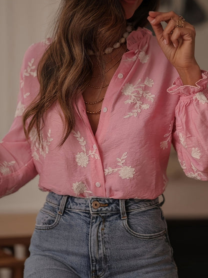 Floral Embroidery Color Block V-Neck Long-Sleeve Shirt