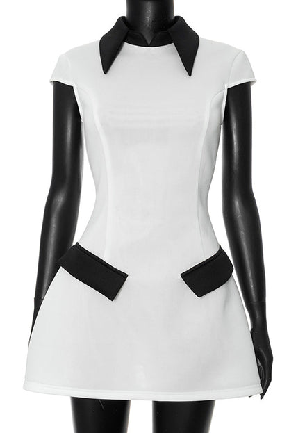 Pointed Contrast Collar Pocket Flap Cap Sleeve A-Line Mini Dress