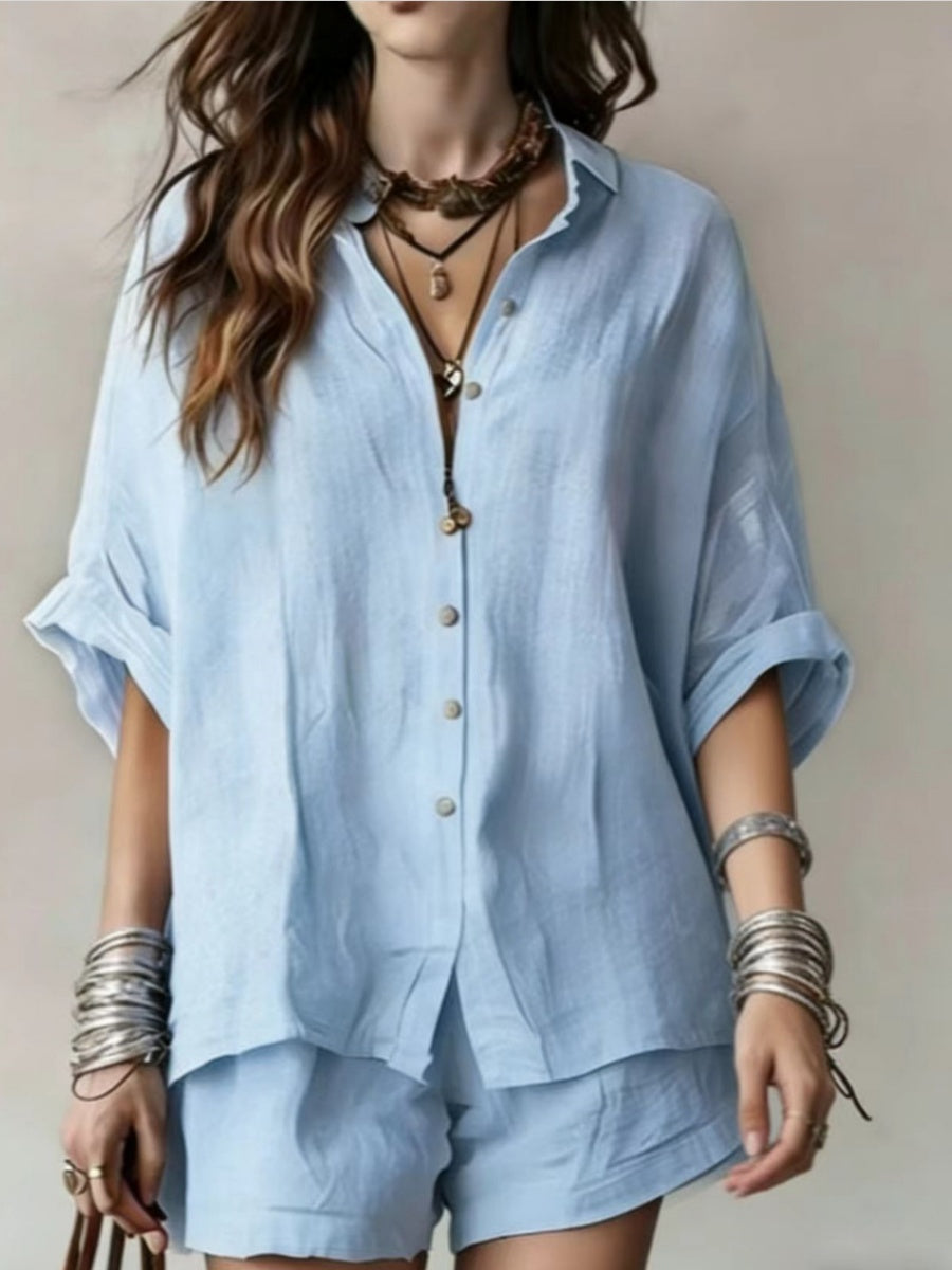 Blended Loose-fit Mid-length Sleeves Shirts Shorts Set 2-piece Sets