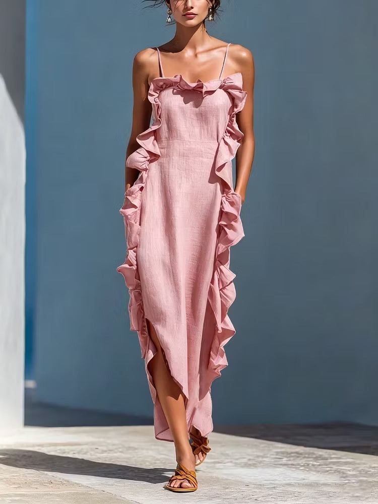Resort-style Sleeveless Backless Long Dress With Ruffles