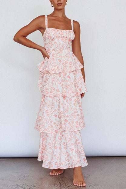 Floral Print Tie-up Tiered Midi Dress