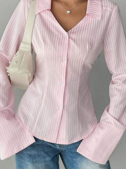 Flared Sleeves Slim-fit Lapel Stripes Shirts