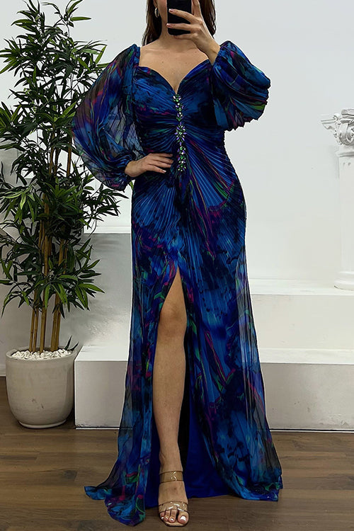 Margovil Off Shoulder Lantern Long Sleeves Printed Slit Pleated Maxi Dress