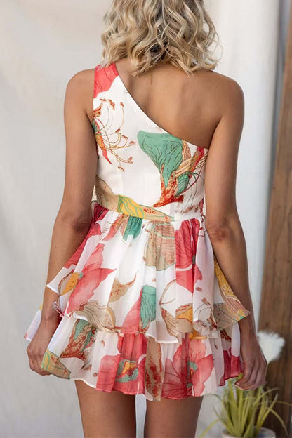 One Shoulder Sleeveless Floral Print Ruffle Layered Mini Dress