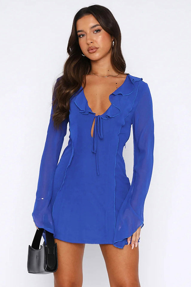 Ruffle Trim Tie Front Keyhole Deep V Neck Long Bell Sleeve Chiffon Mini Dress
