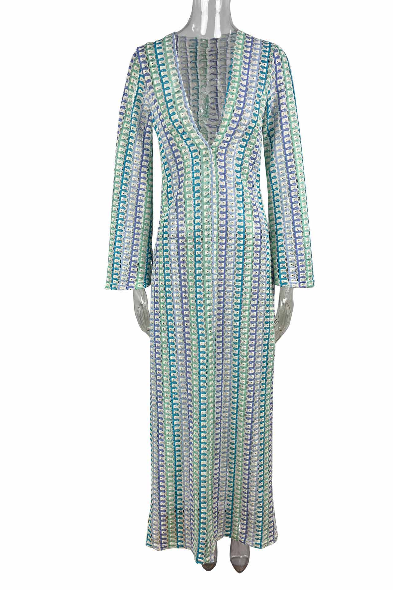 Scallop Circle Print Deep V-Neck Long Sleeve Front Slit Maxi Dress