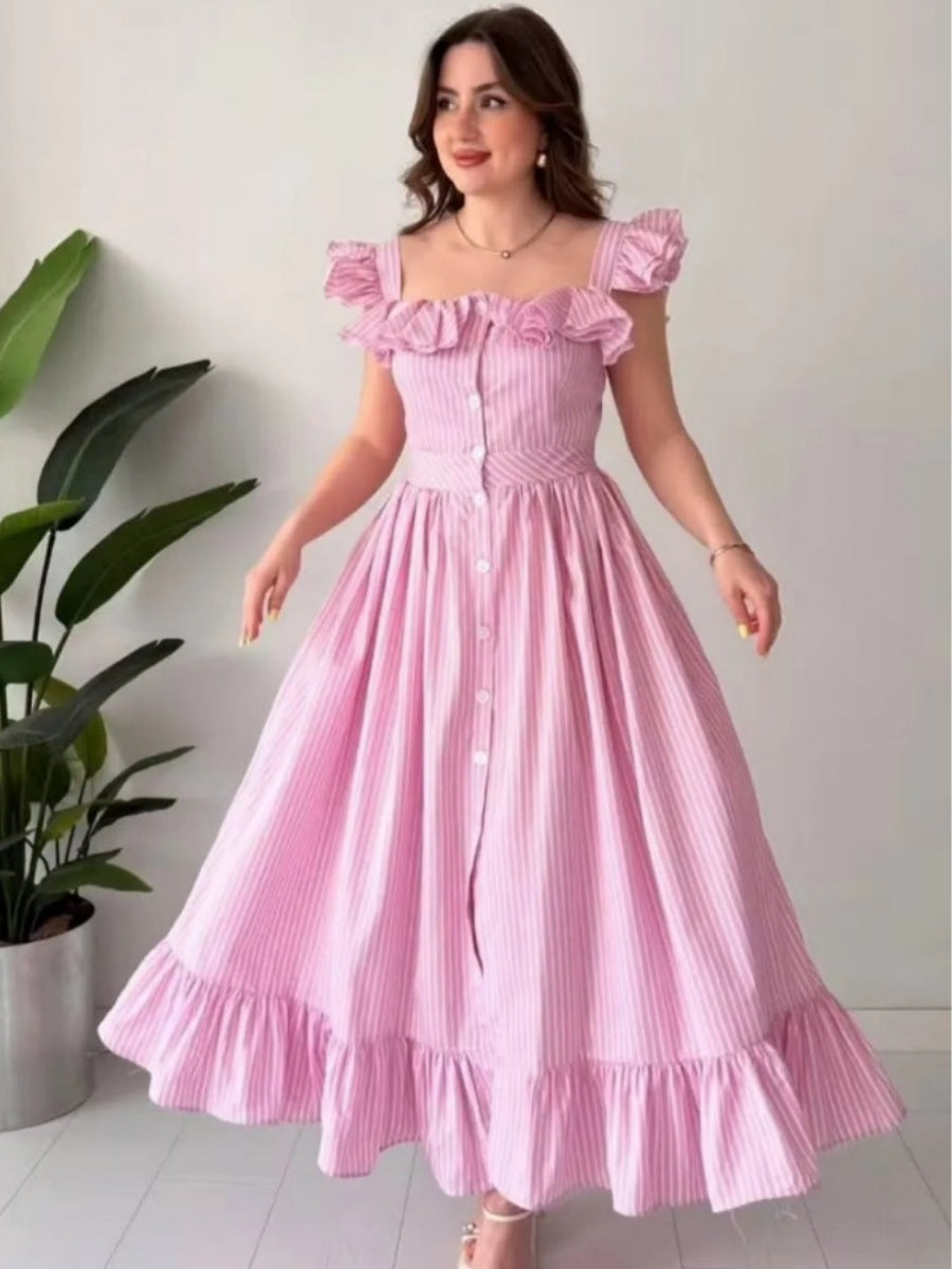 Square Collar Ruffle Button Slit Big Swing Sweet Maxi Dresses