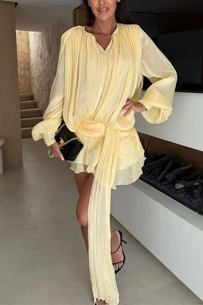 Margovil Lantern Long Sleeves Draped Ruffle Layered Mini Dress with Shorts