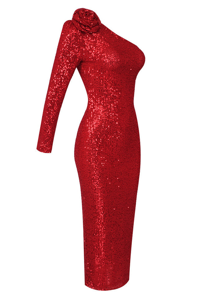 One Shoulder Rosette Detail Long Sleeve Sequin Midi Dress