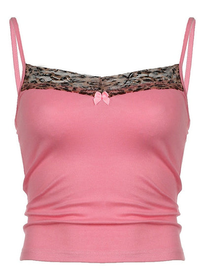 Pink Leopard Print Patchwork Lace Camisole