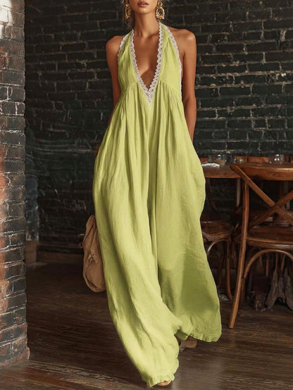 Elegant And Comfortable Lace-trimmed Loose Linen Jumpsuit