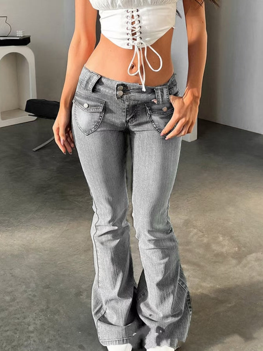 Washed Slim-fit High Stretch Low-rise Flared Jeans