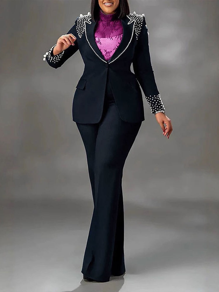 Pearl Long-Sleeved Slim-Fit Elastic Two-Piece Suit