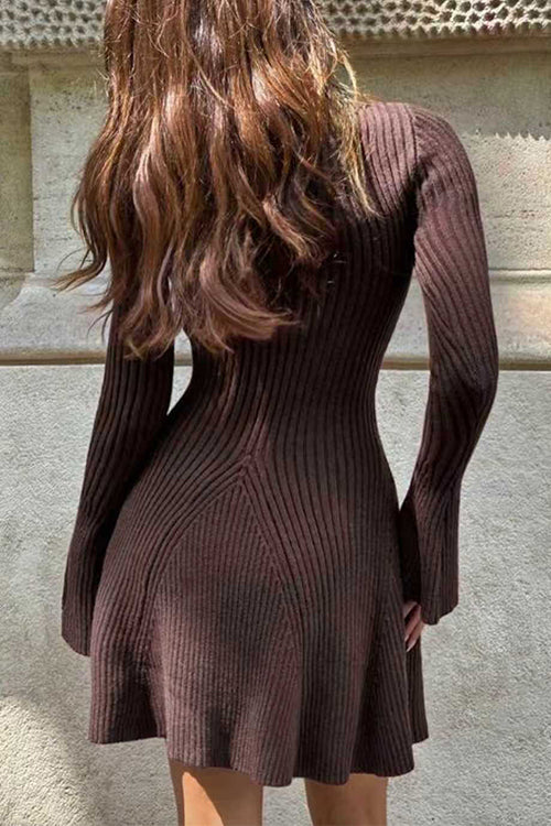 Margovil High Neck Long Sleeves Ribbed Knit Mini Sweater Dress